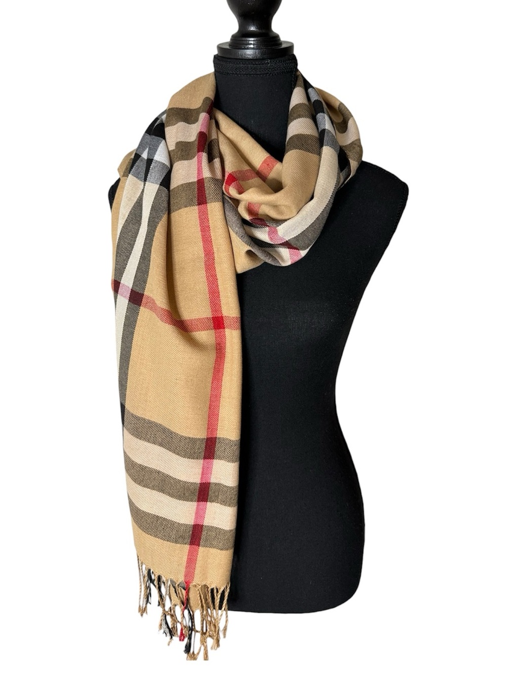 PASHMINA Wool Tan Plaid Scarf Wrap Shawl Oblong Burberry Pattern *Flaw